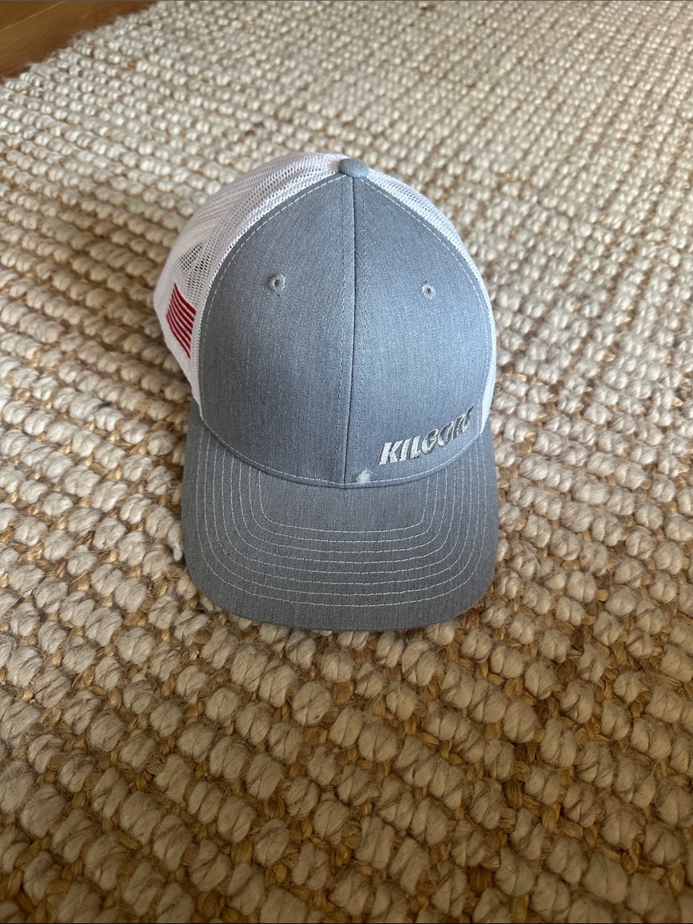 Kilgore Gray and White Mesh Trucker Hat with Flag Detail